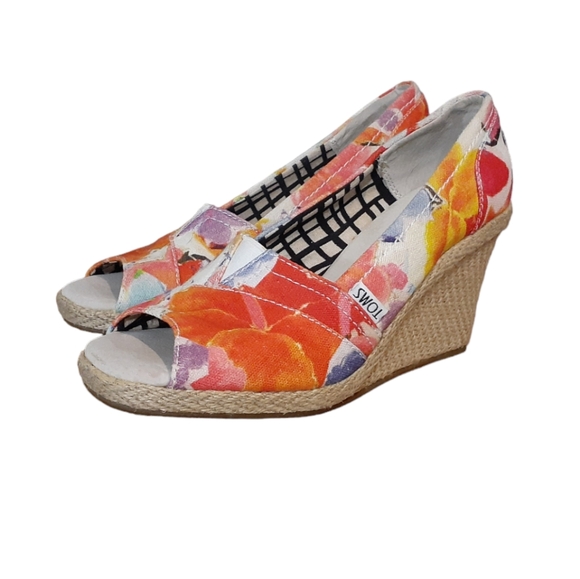 Tom's Women's Oahu Floral Canvas Espadrille Wedge Sandals Open Toe Size 6 - Picture 3 of 9